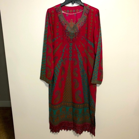 Kurti Magenta Blue Print Long Sleeve Side Slits Sheer Lightweight Tunic Dress - Picture 1 of 13